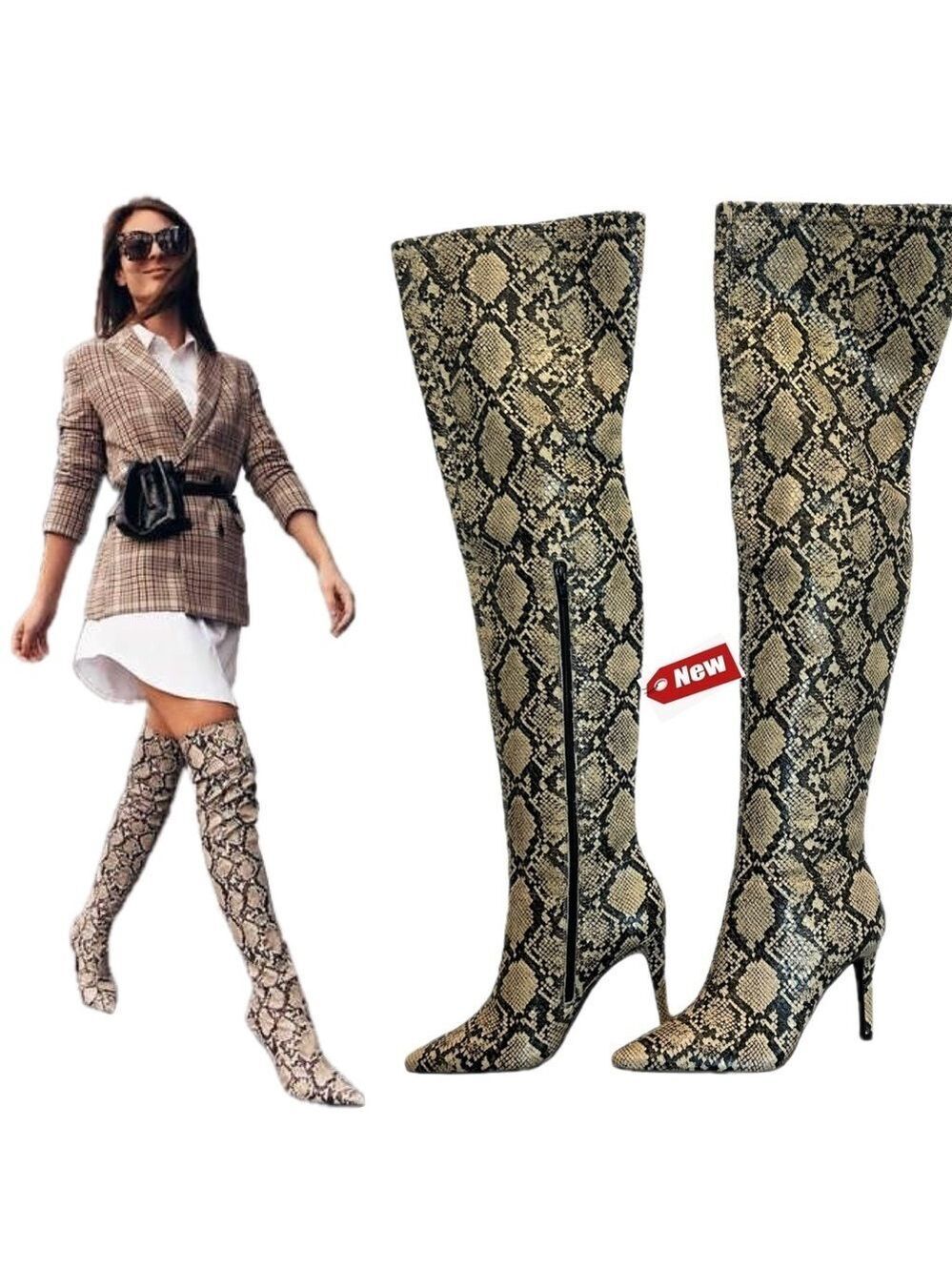 Design concept studio cream black snake print thigh high over the knee boots NWT
